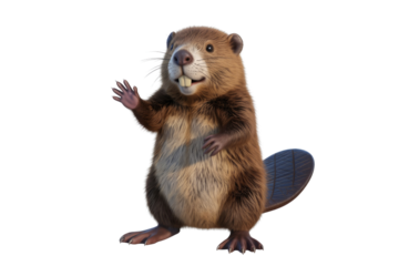 A cute, cartoon-style beaver waves hello with a friendly smile. background removed