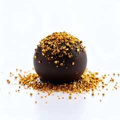 Exquisite dark chocolate truffle ornamented with golden particles presented elegantly on white background