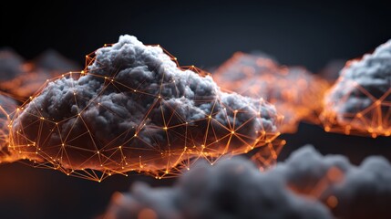 abstract cloud computing network visualization with glowing orange connections