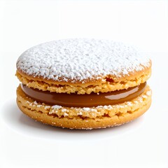 Delicate alfajor cookie with dulce de leche filling dusted sugar on white background