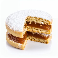 Delicious alfajor cookie with dulce de leche filling, a tempting snack, on white background