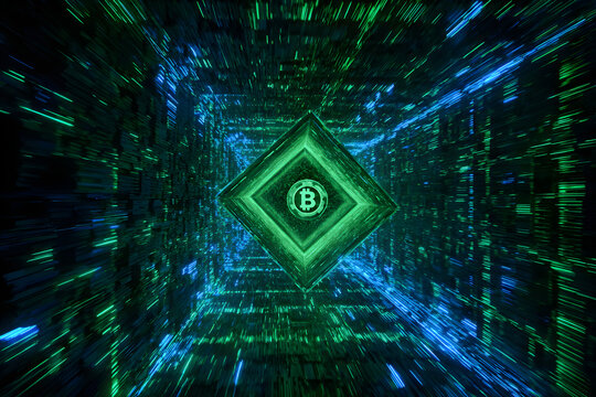 Abstract technology pattern of a glowing digital binary code tunnel with fractal space data texture