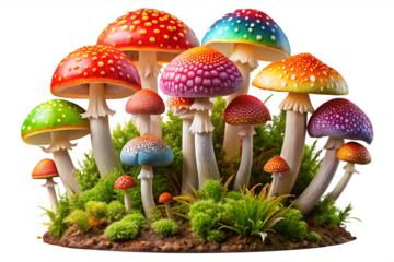 Vibrant toadstools forest floor isolated on a transparent background