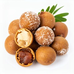 Exotic lo han guo fruit heap with dusting detail and green leaves on white background