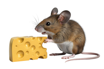 An adorable mouse with brown fur nibbles on a piece of Swiss cheese against a transparent background. background removed