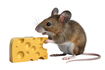 An adorable mouse with brown fur nibbles on a piece of Swiss cheese against a transparent background. background removed