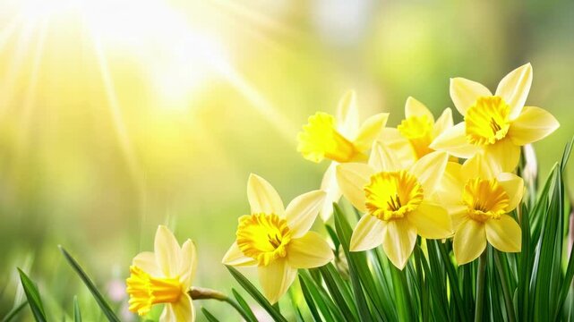 Close-up video angle of vibrant yellow daffodils basking in sunlight, capturing a serene and fresh spring atmosphere with a soft focus background. Live desktop wallpaper.