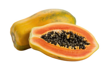 A whole and a halved papaya fruit, showcasing its vibrant orange flesh and black seeds against a transparent background. background removed