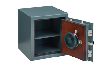 Obraz premium A small, gray steel safe with a wooden door, slightly ajar, revealing two shelves inside. background removed