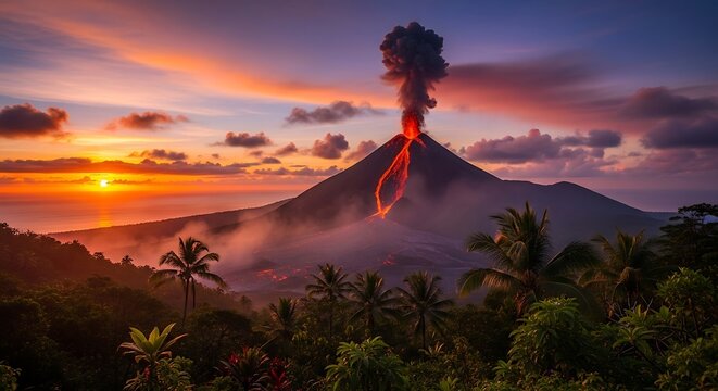Dramatic volcanic eruption at sunset, a spectacle of nature's power and tropical landscape,