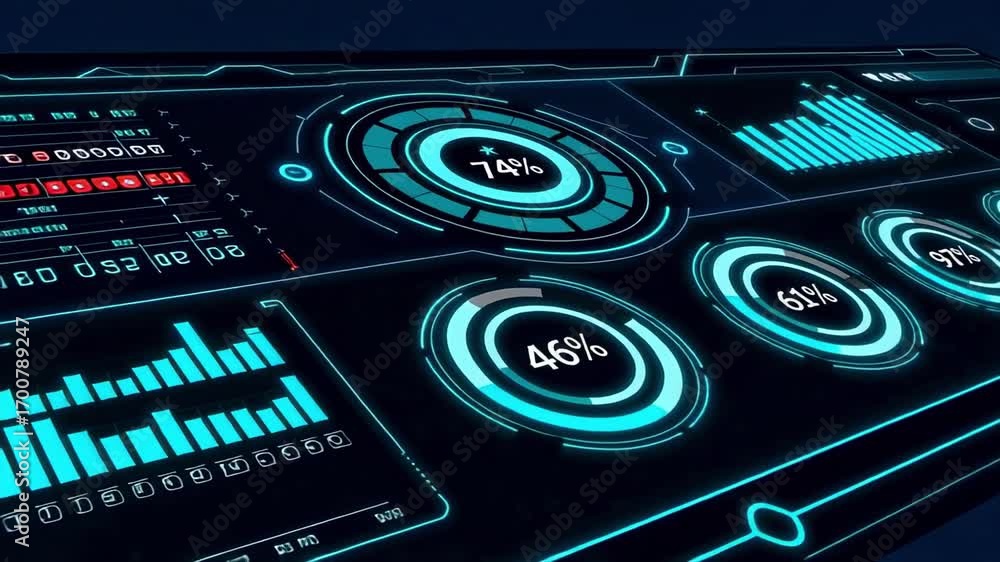 Poster futuristic hud interface digital screen data analytics dashboard technology background animation 3d