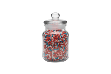 A glass jar with a lid filled with red, white, and blue sprinkles. background removed