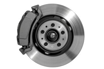 Close-up of a disc brake rotor and caliper assembly, showcasing automotive braking system components. background removed