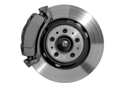 Close-up of a disc brake rotor and caliper assembly, showcasing automotive braking system components. background removed