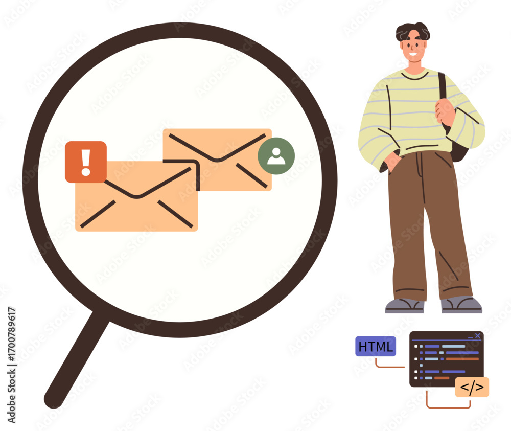 Poster two email icons under a magnifying glass with alert and user symbols, a man holding a bag nearby, ac