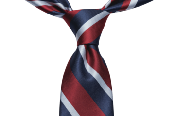 Close-up of a knotted red, white, and navy striped silk tie on a transparent background. background removed
