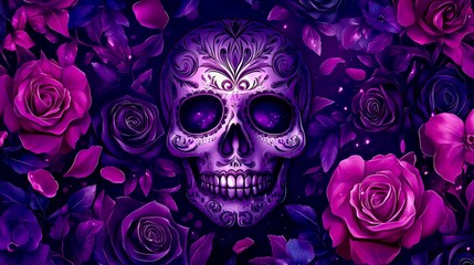 Purple Roses Skull Dia De Los Muertos