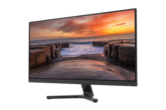 A black computer monitor displays a stunning sunset over a rocky beach. background removed