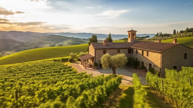 Tuscan vineyard landscape with farmhouse