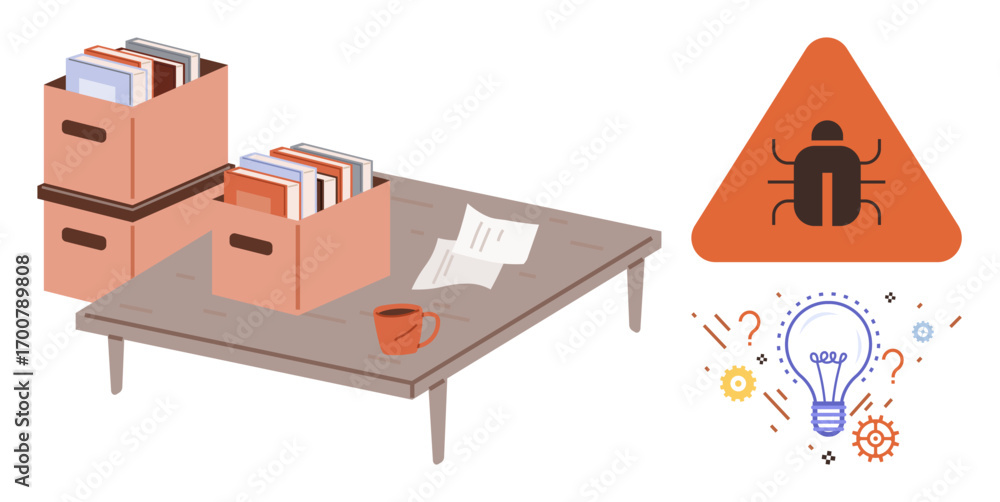 Poster wooden desk with papers, folders in boxes, coffee mug, bug warning sign, light bulb, and abstract sy