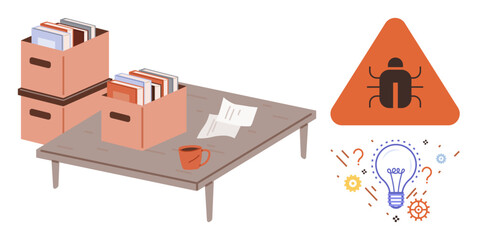 Wooden desk with papers, folders in boxes, coffee mug, bug warning sign, light bulb, and abstract symbols. Ideal for organization, problem-solving, debugging innovation alert workflow simple flat