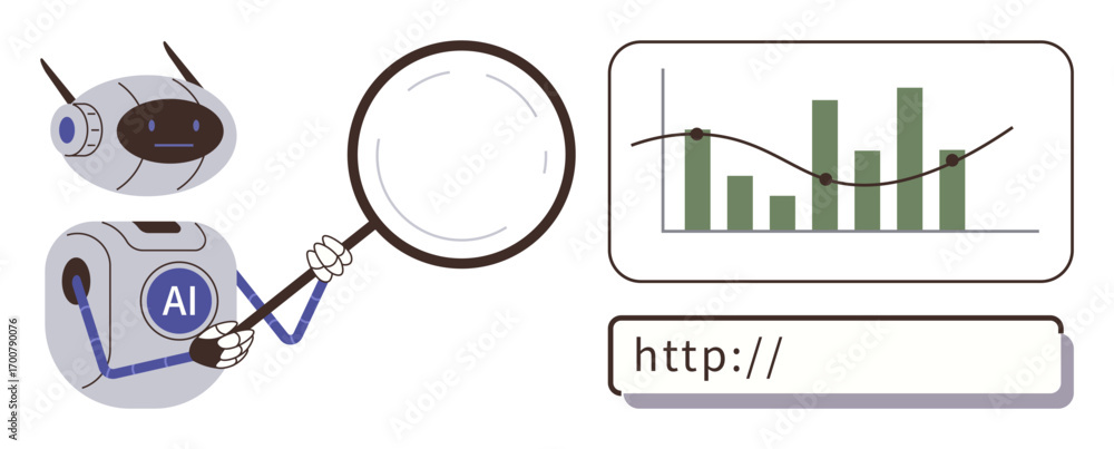 Poster robot with ai badge examining data chart through magnifying glass near address bar. ideal for techno