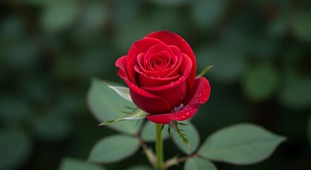 Exquisite close-up of a red rose showcasing delicate water droplets on its petals
