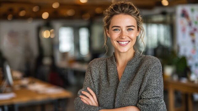 portrait of young smiling woman looking at camera with crossed arms happy girl standing in creative office successful businesswoman standing in office with copy space no logos no brands ar 169 - Powered by Adobe