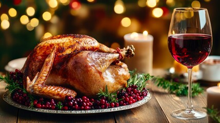 Festive roasted turkey wine glass Christmas holiday dinner table