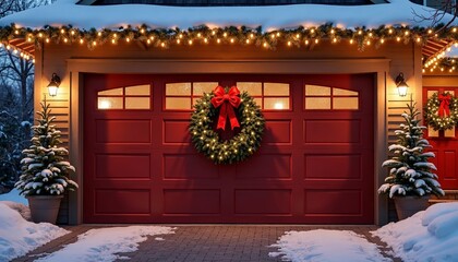 Festively Decorated Garage Door with Wreath and Holiday Lights in Snowy Winter Setting for Christmas Articles, Home Decor Blogs, Seasonal Inspirations, and Holiday Reminders
