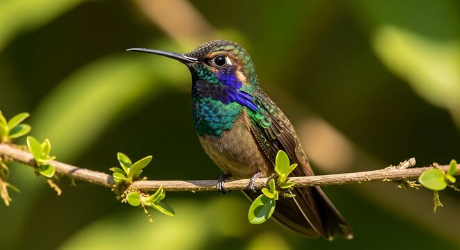 Elegant hummingbird perched gracefully on a branch exhibiting its vibrant colors in natural light - Powered by Adobe