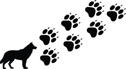 Wolf silhouette with paw prints, wild animal tracking design, nature inspired illustration, wildlife art, creative abstract vector graphic