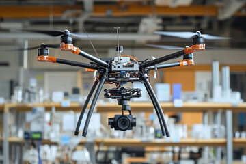 A high-tech drone hangs in the air, showcasing its advanced camera setup. The environment is a modern laboratory filled with intricate equipment, emphasizing innovation