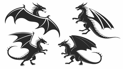 A collection of four stylized black dragon silhouettes in various dynamic poses against a white background.