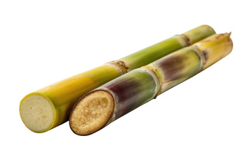 Close-up of two sugarcane stalks, one cut to reveal its sweet interior, isolated on black. background removed