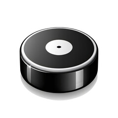 Hockey puck resting on a smooth surface, showcasing a classic black design and white center dot in a well-lit indoor arena
