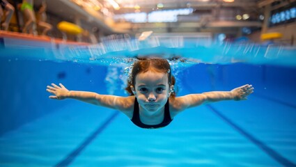 Child swimming pool underwater goggles playful summer vacation fun
