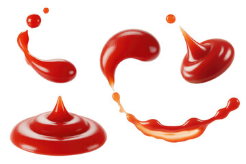 Collection of various ketchup splashes and drops isolated on a transparent background. background removed