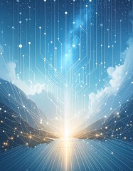 Digital pathway through mountains to a sunrise