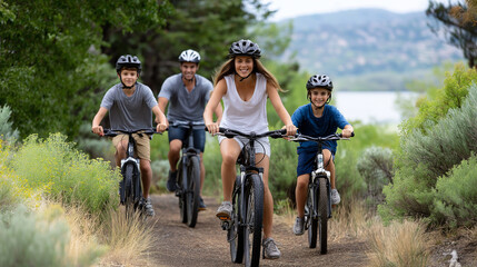 Fototapeta premium A blended family biking through a scenic trail, sharing authentic moments of adventure, using both classic bikes and electric ones, diverse families, authentic moments, hybrid life