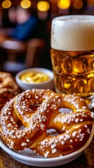 Traditional pretzel beer glass festive snack Oktoberfest culture