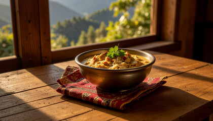 Bhutanese Ema Datshi in Stone Bowl on Wooden Table in Himalayan Farmhouse