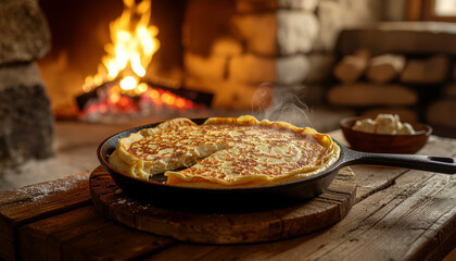 Kosovar Flija in Cast Iron Skillet on Hearth in Stone House with Lifted Slice