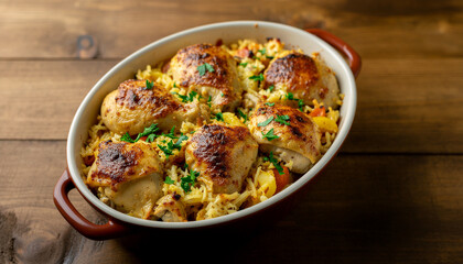 Surinamese Pom in Clay Baking Dish on Wooden Table in Backyard at Sunset