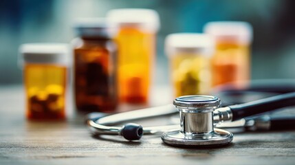 Premium photo of close-up of a stethoscope on a table with blurred medicine bottles in the background, symbolizing healthcare and medical practice.