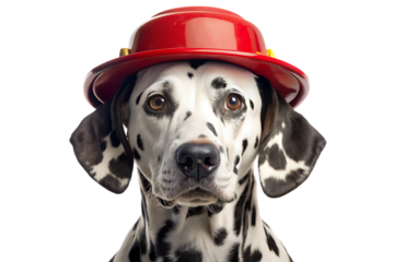 Dalmatian dog wearing red firefighter helmet isolated on a transparent background