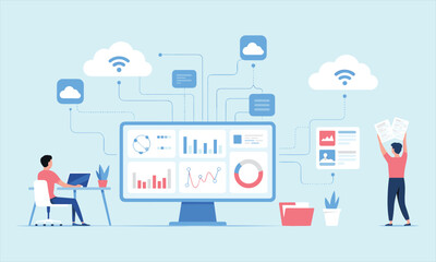 Cloud data analytics, remote teamwork, digital dashboard, online report sharing, cloud storage management, business intelligence, wireless connectivity, people analyzing data