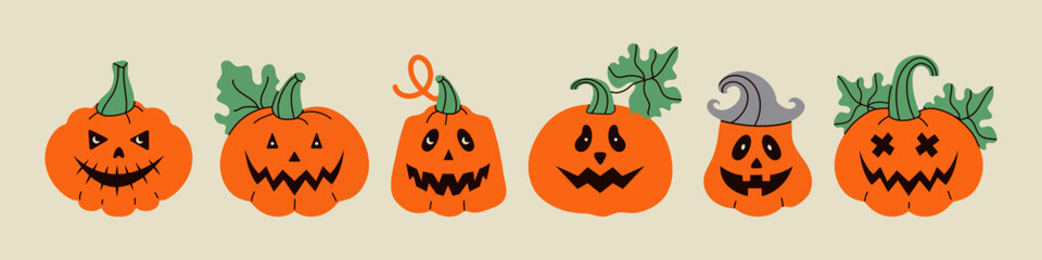 Halloween autumn Pumpkins with  leaves. Spooky scary smiley face. Jack Lantern colorful characters.  Hand drawn trendy Vector illustration. Isolated design elements. Logo, print templates 