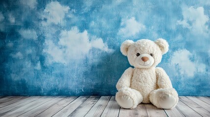 Teddy bear sitting alone wooden floor background blue sky