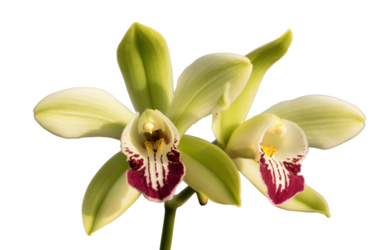 Two pale green orchids with maroon-striped centers, isolated on a transparent background. background removed